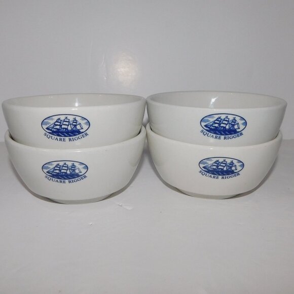 Lands End Square Rigger Cereal Cowder Bowl Set of 4 Vintage 80s White Blue Boat - Picture 1 of 6